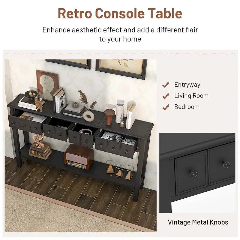 Table console de 60 pouces, table de canapé rétro pour entrée avec 4 tiroirs et - Voir les détails