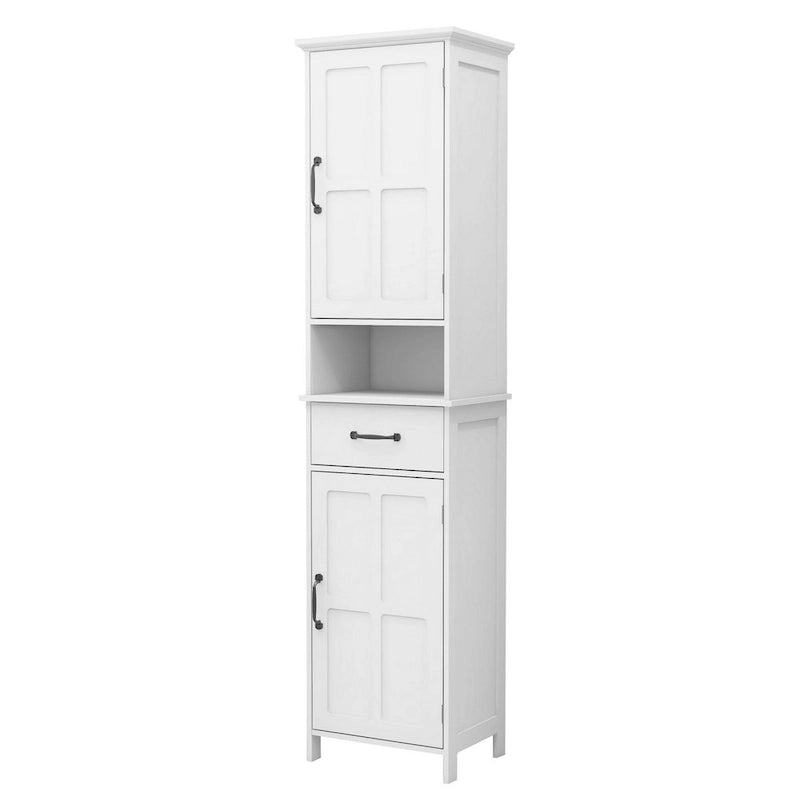 65 Zoll hoher Stand-Schrank mit 1 offenem Fach, schwarzen Metallgriffen, weiß