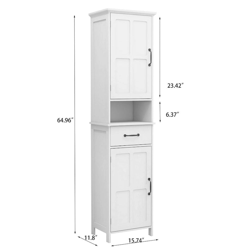 65 Zoll hoher Stand-Schrank mit 1 offenem Fach, schwarzen Metallgriffen, weiß