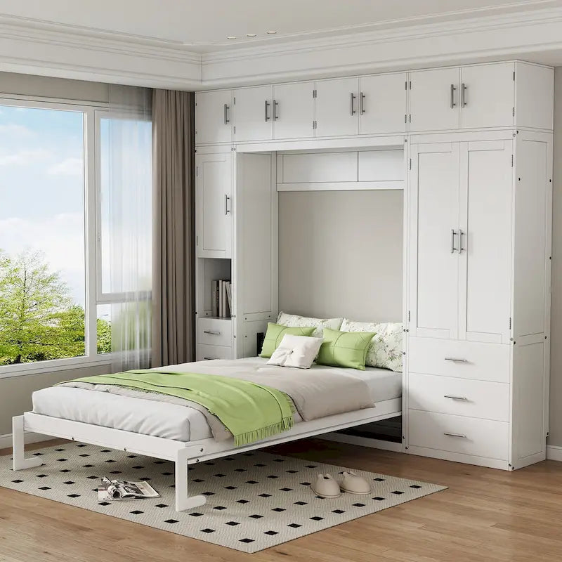 White Full Size Modern Murphy Bed with Drawers, Lockers, and Wardrobes