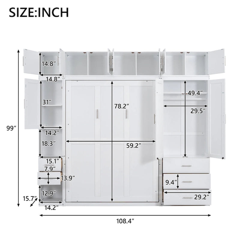 White Full Size Modern Murphy Bed with Drawers, Lockers, and Wardrobes