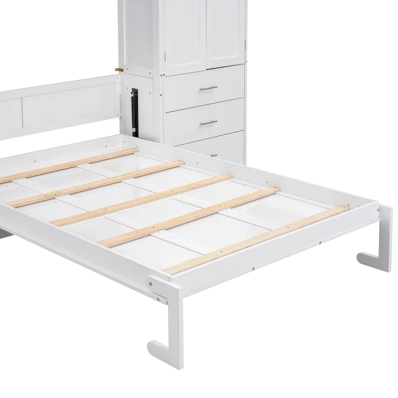White Full Size Modern Murphy Bed with Drawers, Lockers, and Wardrobes