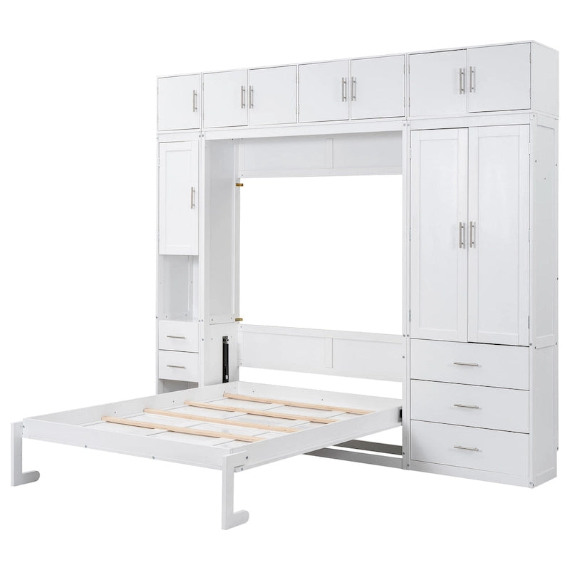 Letto Murphy moderno matrimoniale bianco con cassetti, armadietti e guardaroba