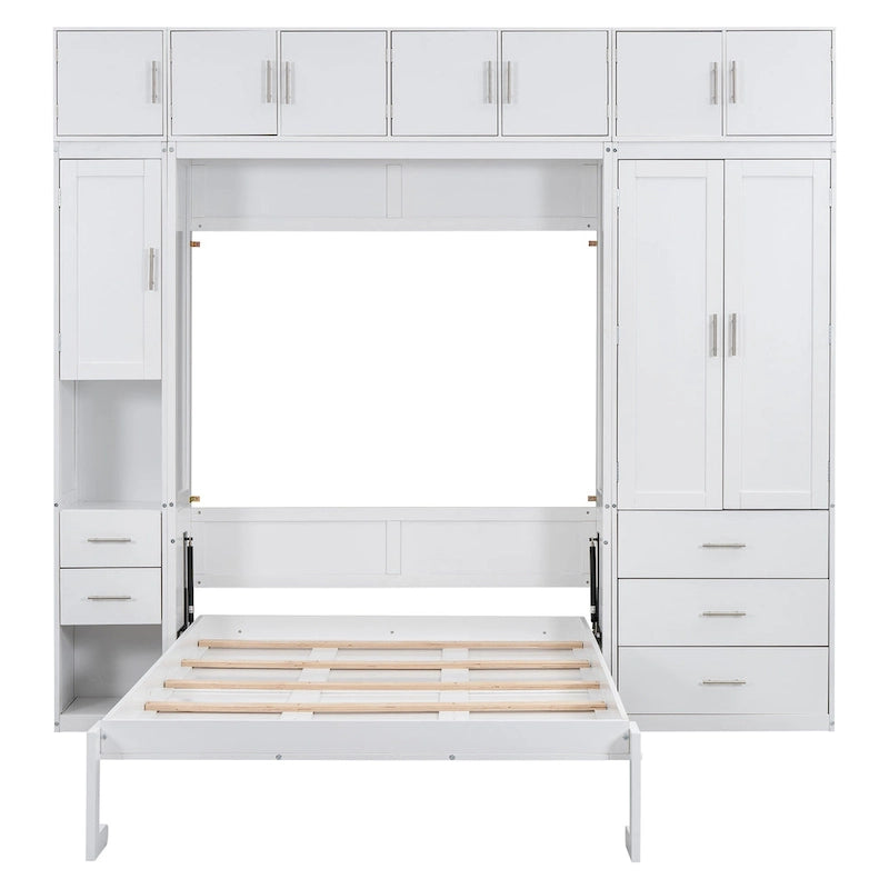 Letto Murphy moderno matrimoniale bianco con cassetti, armadietti e guardaroba