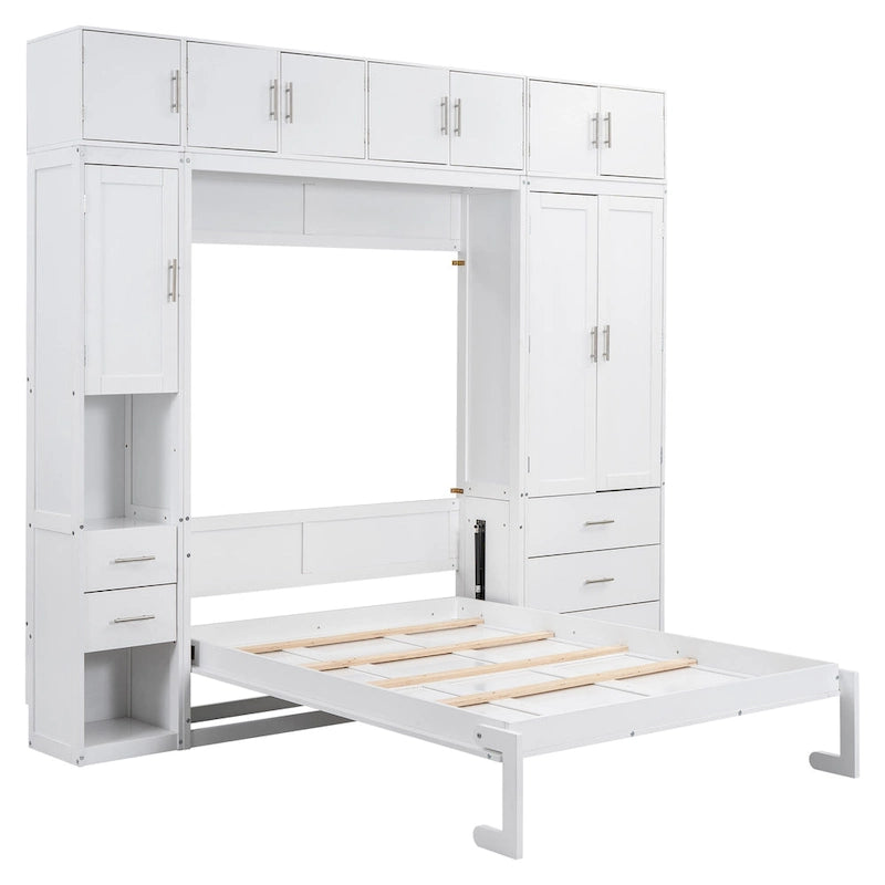 Letto Murphy moderno matrimoniale bianco con cassetti, armadietti e guardaroba