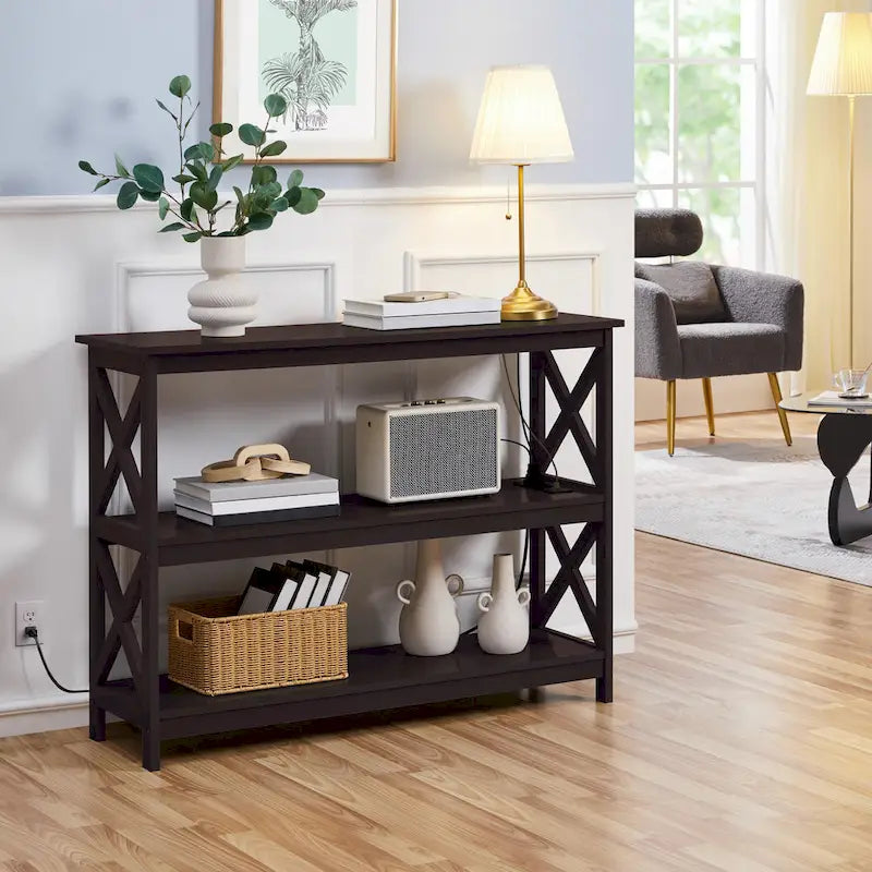 3-Tier Wooden Console Table with Power Outlet Sofa Side Table