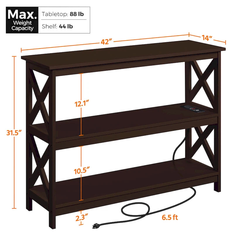 3-Tier Wooden Console Table with Power Outlet Sofa Side Table