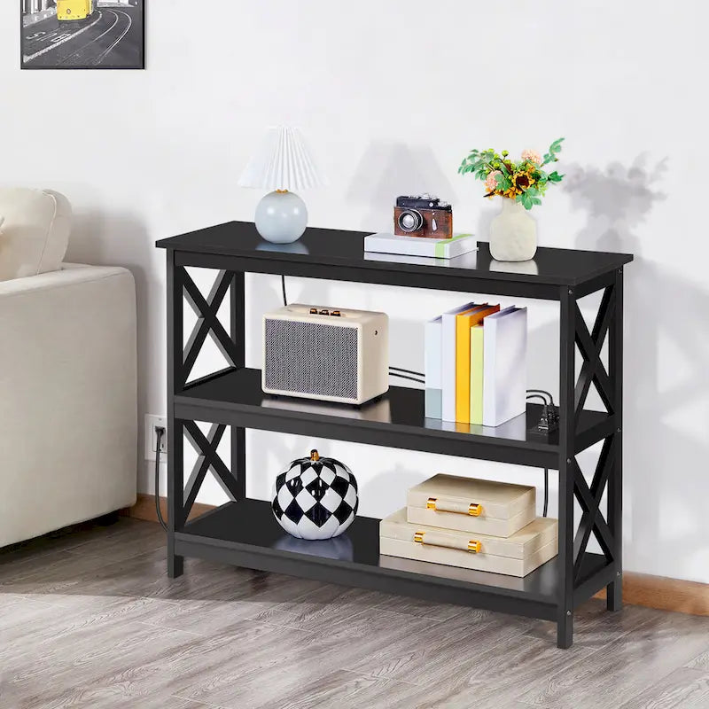 3-Tier Wooden Console Table with Power Outlet Sofa Side Table