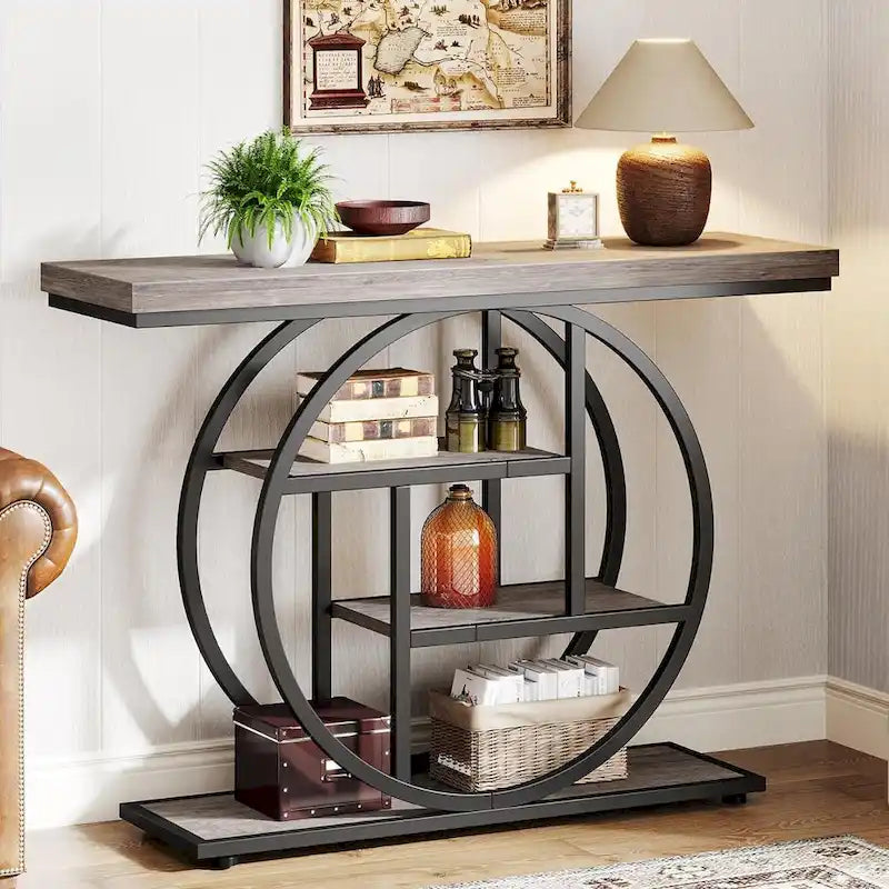 Industrial 4-Tier Sofa Table Entryway Table with Circle Base