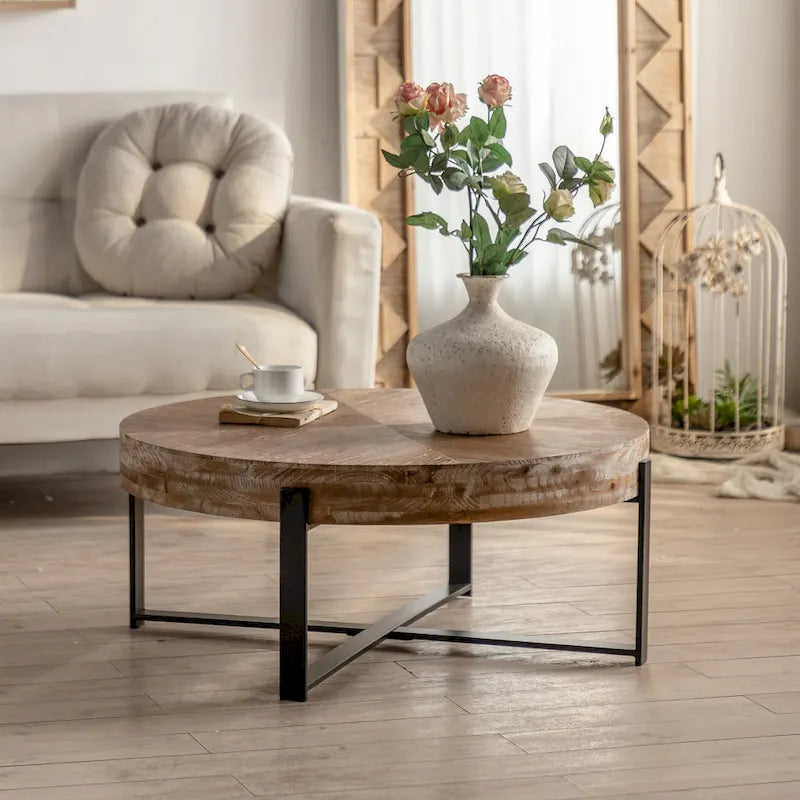 31.29Modern Retro Splicing Round Coffee Table, Fir Wood Table Top with Cross Legs Metal Base