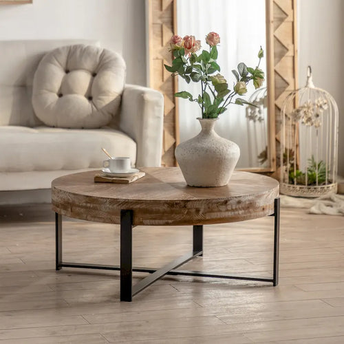 31.29Moderner runder Couchtisch im Retro-Stil mit Patchwork-Design, Tischplatte aus Tannenholz und Metallbasis mit gekreuzten Beinen
