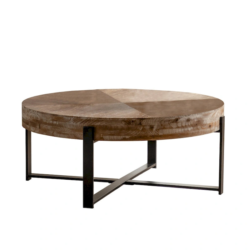 31.29Modern Retro Splicing Round Coffee Table, Fir Wood Table Top with Cross Legs Metal Base