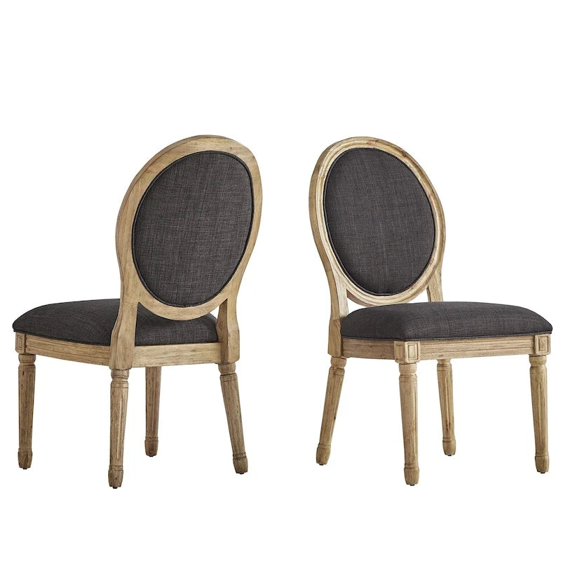 Round Linen and Wood Dining Chairs (Set of 2)