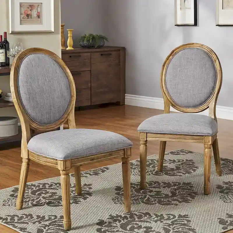 Round Linen and Wood Dining Chairs (Set of 2)