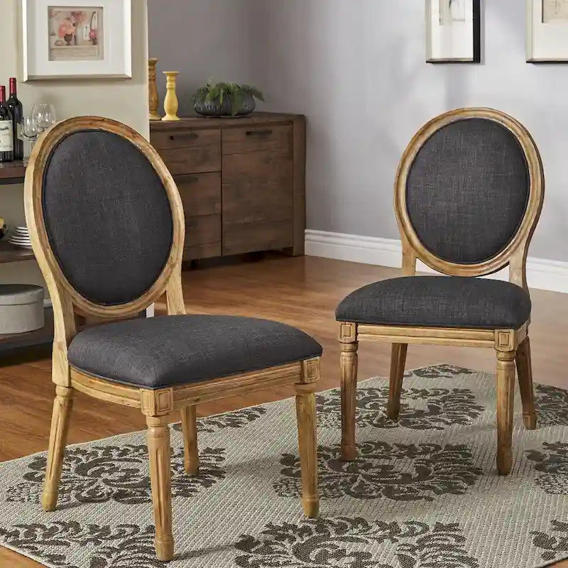 Kulaté jídelní židle z lnu a dřeva (sada 2 kusů)