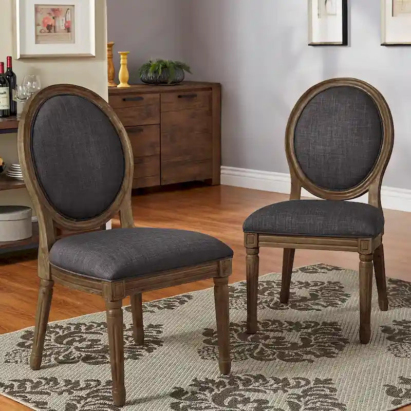 Round Linen and Wood Dining Chairs (Set of 2)
