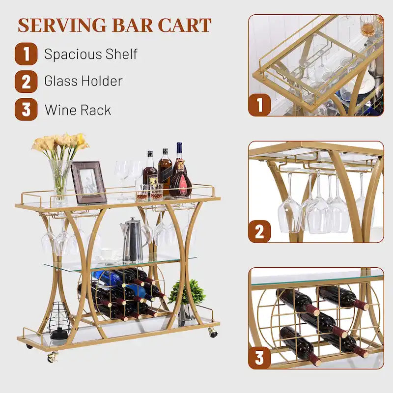 3-tier Serving Metal Bar Cart with Tempered Glass