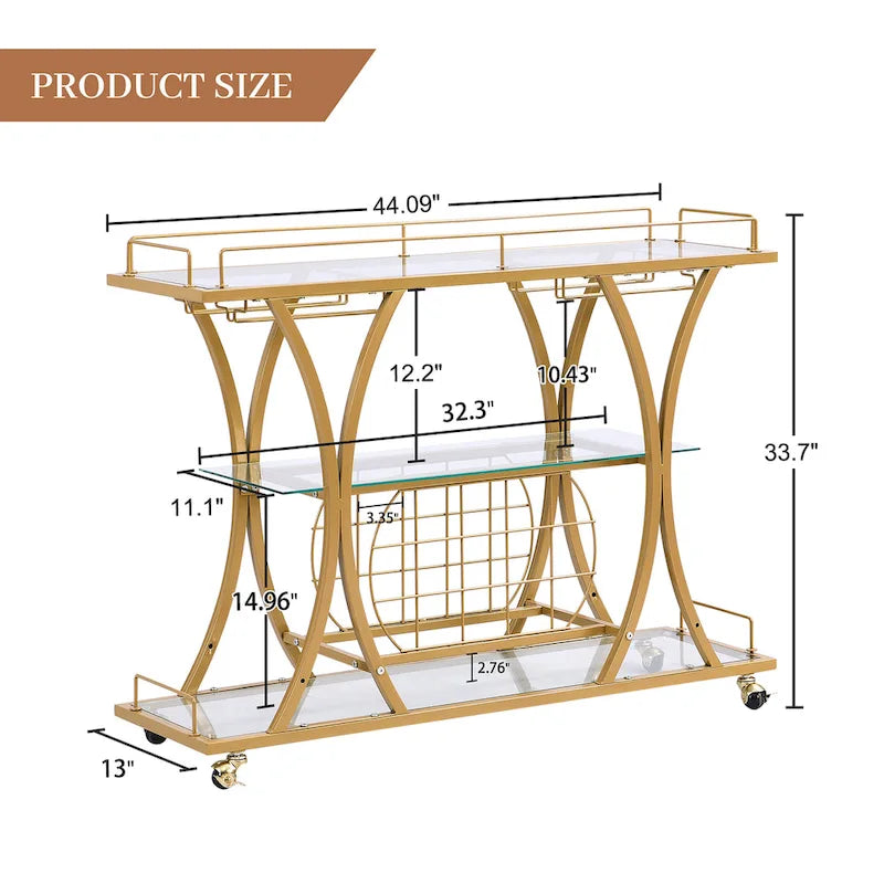 3-tier Serving Metal Bar Cart with Tempered Glass