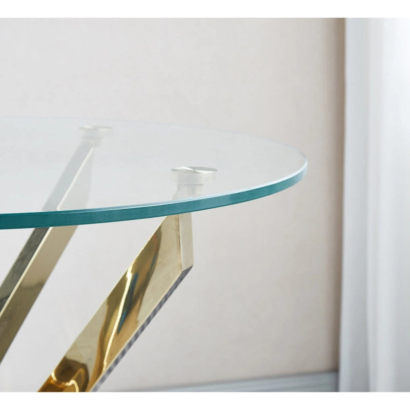 Moderne ronde bijzettafel van gehard glas met roestvrijstalen poten