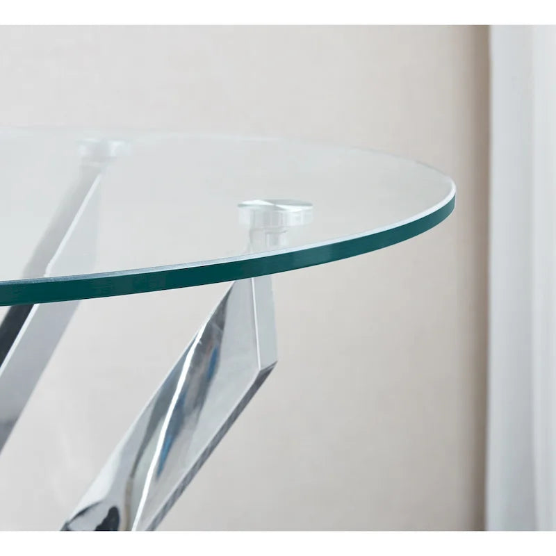 Moderne ronde bijzettafel van gehard glas met roestvrijstalen poten