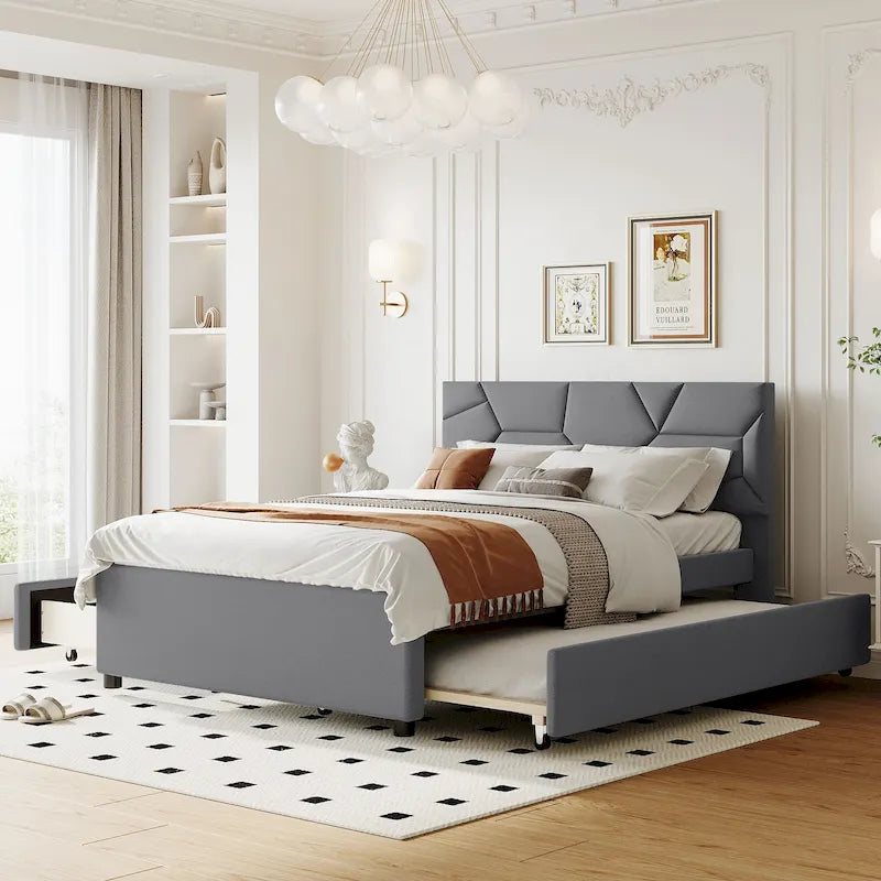 Full Size Upholstered Platform Bed with Twin Size Trundle and 2 Drawers