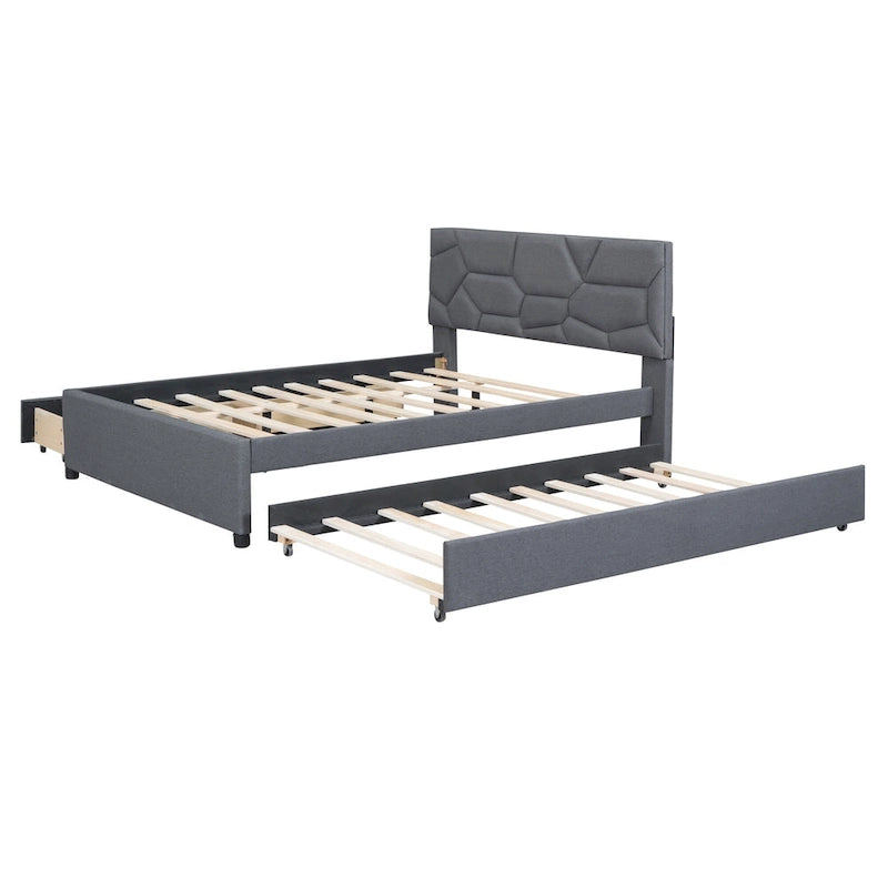 Full Size Upholstered Platform Bed with Twin Size Trundle and 2 Drawers