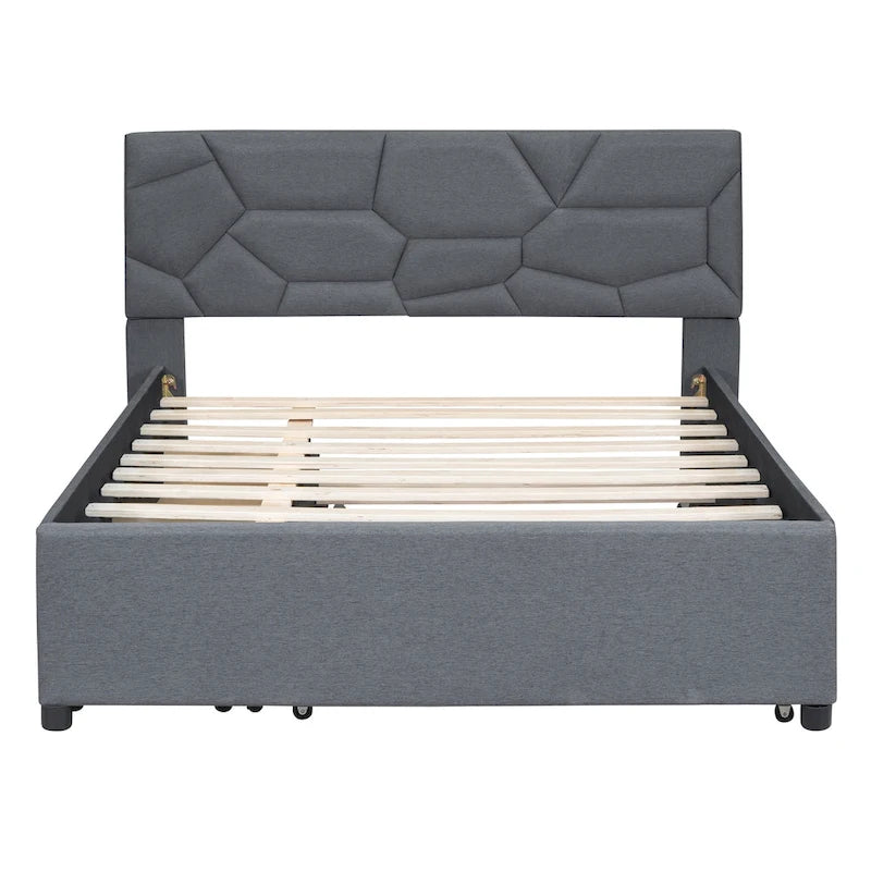 Full Size Upholstered Platform Bed with Twin Size Trundle and 2 Drawers