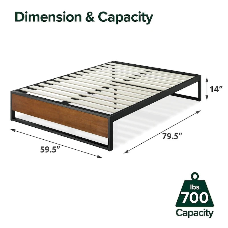 14 Inch Brown Metal and Bamboo Platforma Bed
