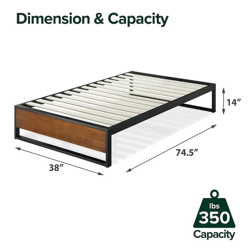 14 Inch Brown Metal and Bamboo Platforma Bed