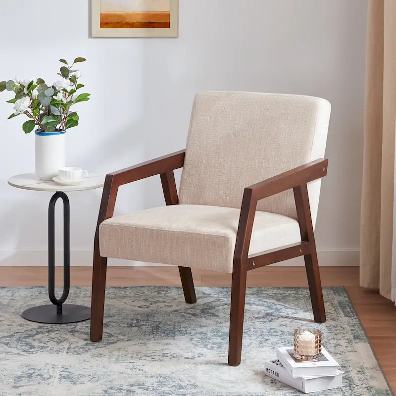 Accent Armchair Solid Wooden Brownness/ White/ Blue Upholstered Mid-Century Modern Accent Chair for Living Room, Bedroom