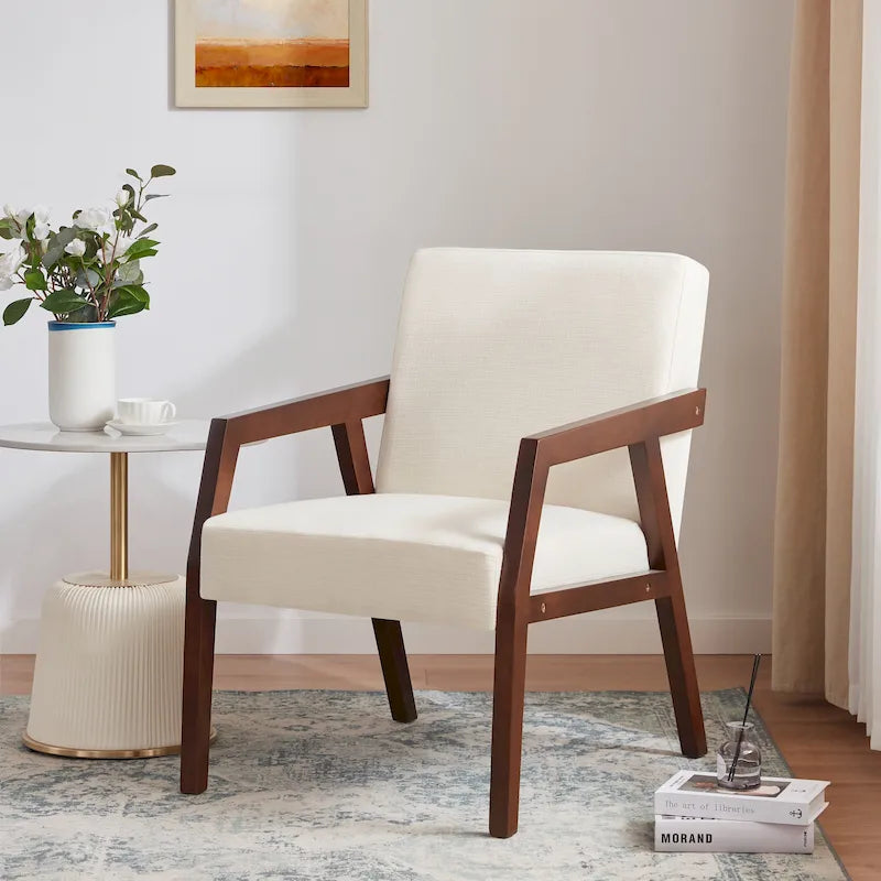 Accent Armchair Solid Wooden Brownness/ White/ Blue Upholstered Mid-Century Modern Accent Chair for Living Room, Bedroom
