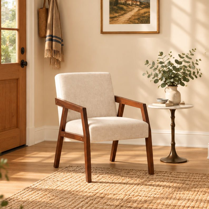 HUIMO Accent Armchair Solid Wooden Brownness/ White/ Blue Upholstered Mid-Century Modern Accent Chair for Living Room, Bedroom