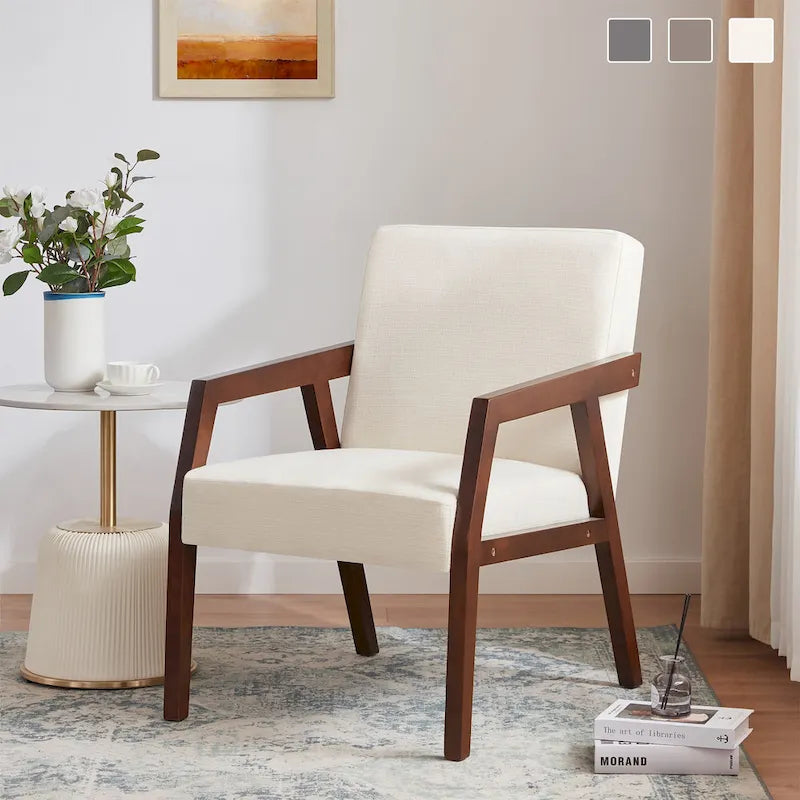Accent Armchair Solid Wooden Brownness/ White/ Blue Upholstered Mid-Century Modern Accent Chair for Living Room, Bedroom