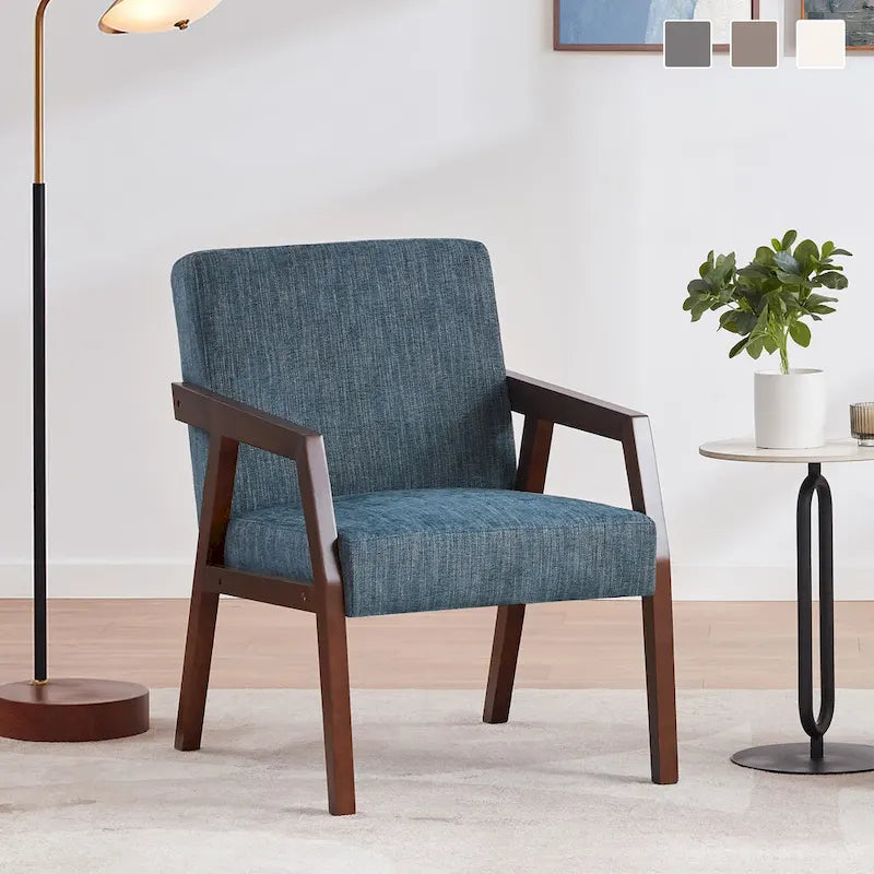 Accent Armchair Solid Wooden Brownness/ White/ Blue Upholstered Mid-Century Modern Accent Chair for Living Room, Bedroom