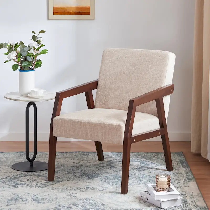 Accent Armchair Solid Wooden Brownness/ White/ Blue Upholstered Mid-Century Modern Accent Chair for Living Room, Bedroom