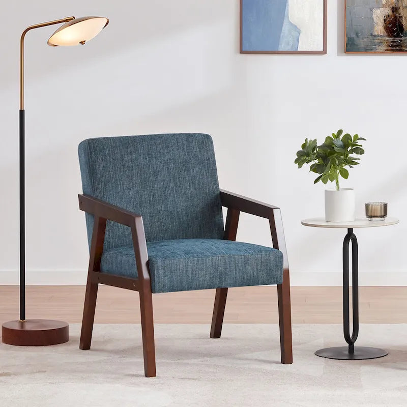 Accent Armchair Solid Wooden Brownness/ White/ Blue Upholstered Mid-Century Modern Accent Chair for Living Room, Bedroom