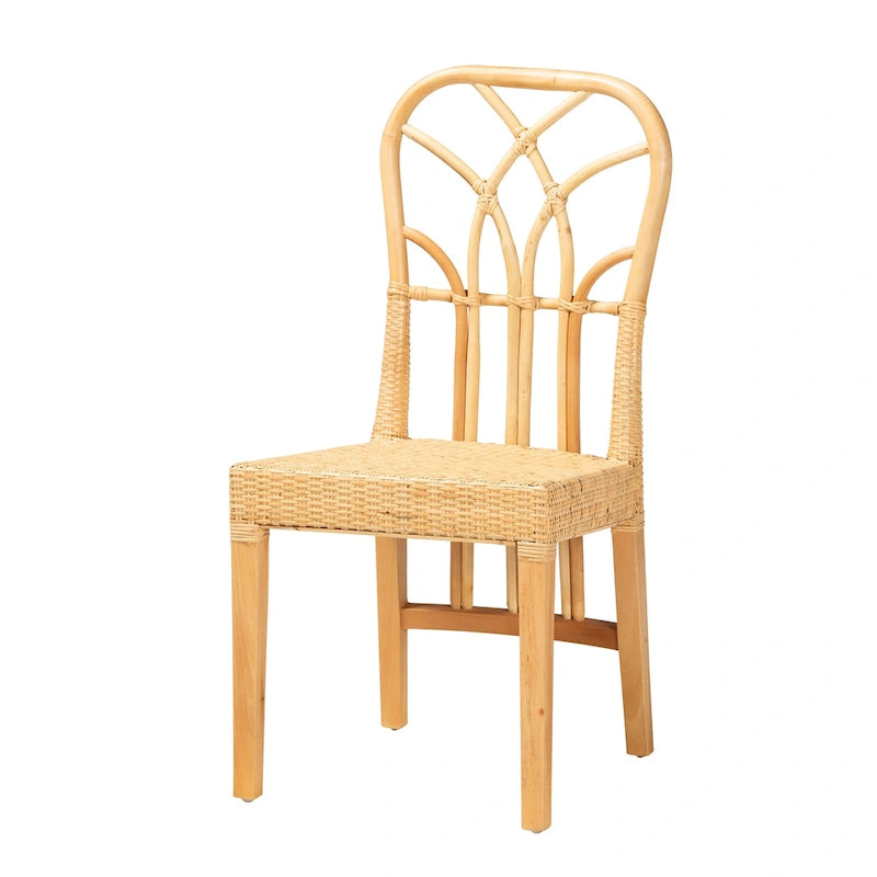 Sedia da pranzo Monaco moderna boho in legno di mogano con finitura marrone rovere e rattan naturale