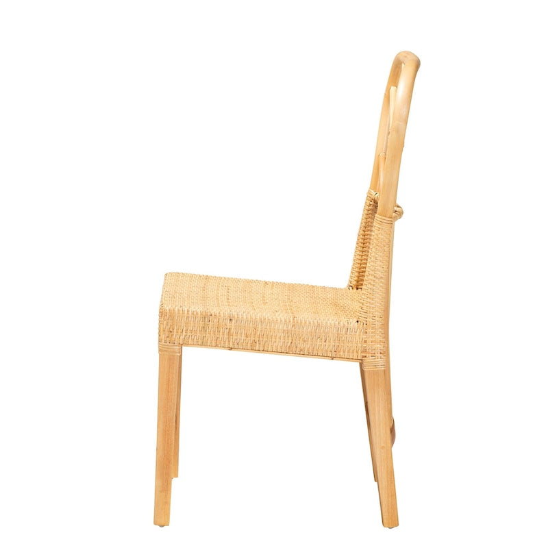 Sedia da pranzo Monaco moderna boho in legno di mogano con finitura marrone rovere e rattan naturale