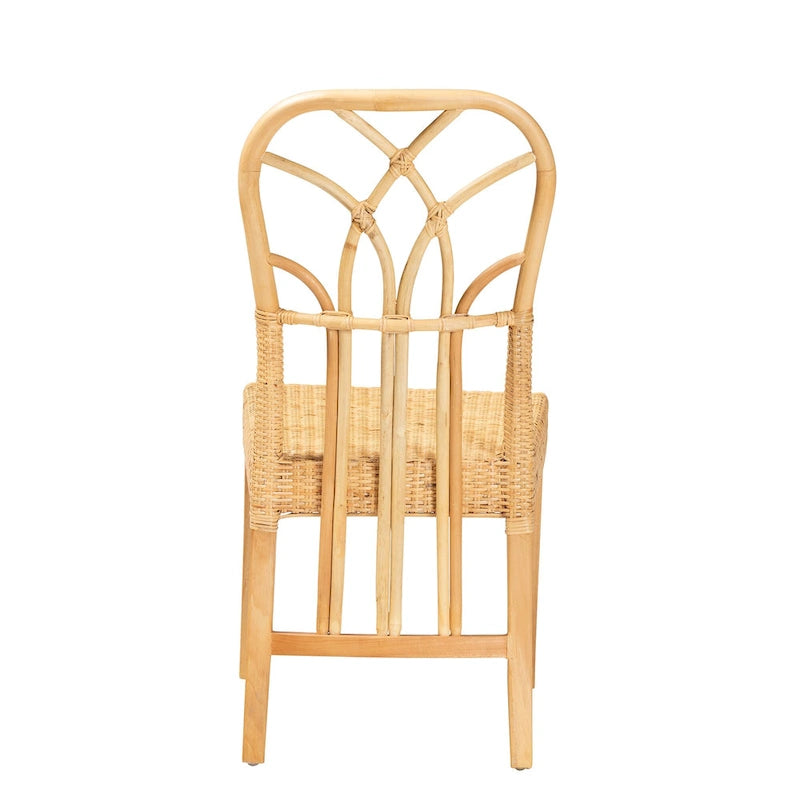 Sedia da pranzo Monaco moderna boho in legno di mogano con finitura marrone rovere e rattan naturale