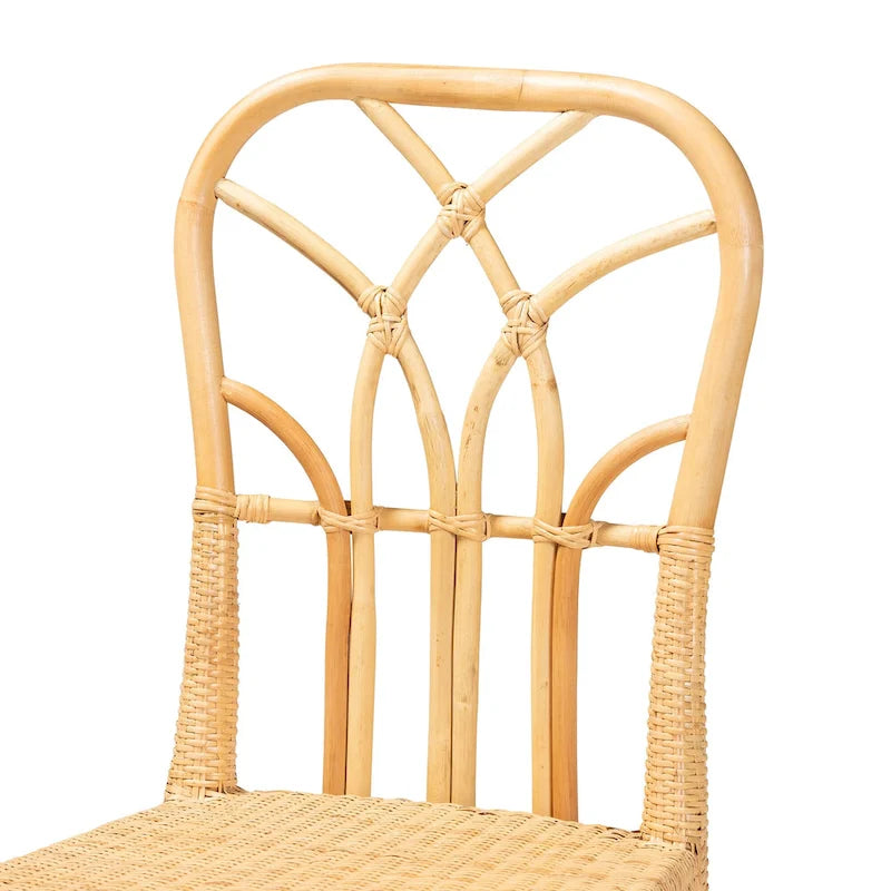Sedia da pranzo Monaco moderna boho in legno di mogano con finitura marrone rovere e rattan naturale