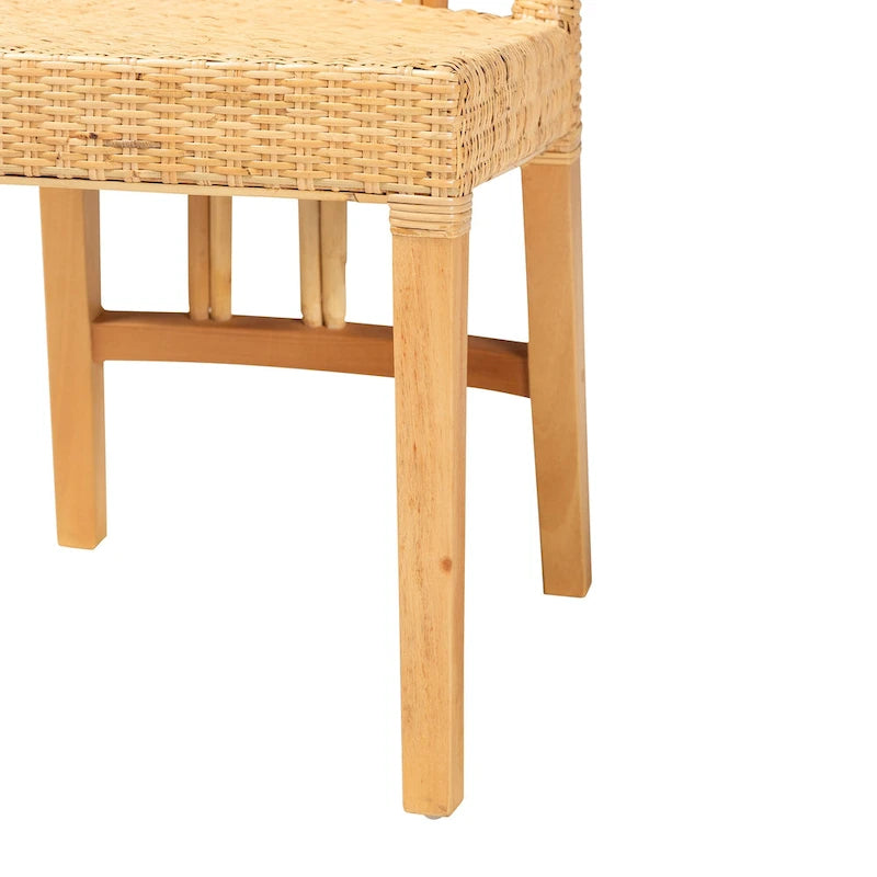 Sedia da pranzo Monaco moderna boho in legno di mogano con finitura marrone rovere e rattan naturale
