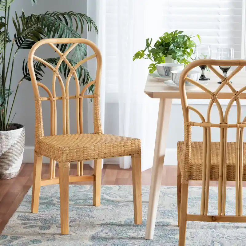 Sedia da pranzo Monaco moderna boho in legno di mogano con finitura marrone rovere e rattan naturale