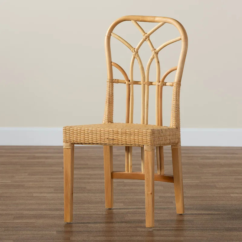 Sedia da pranzo Monaco moderna boho in legno di mogano con finitura marrone rovere e rattan naturale