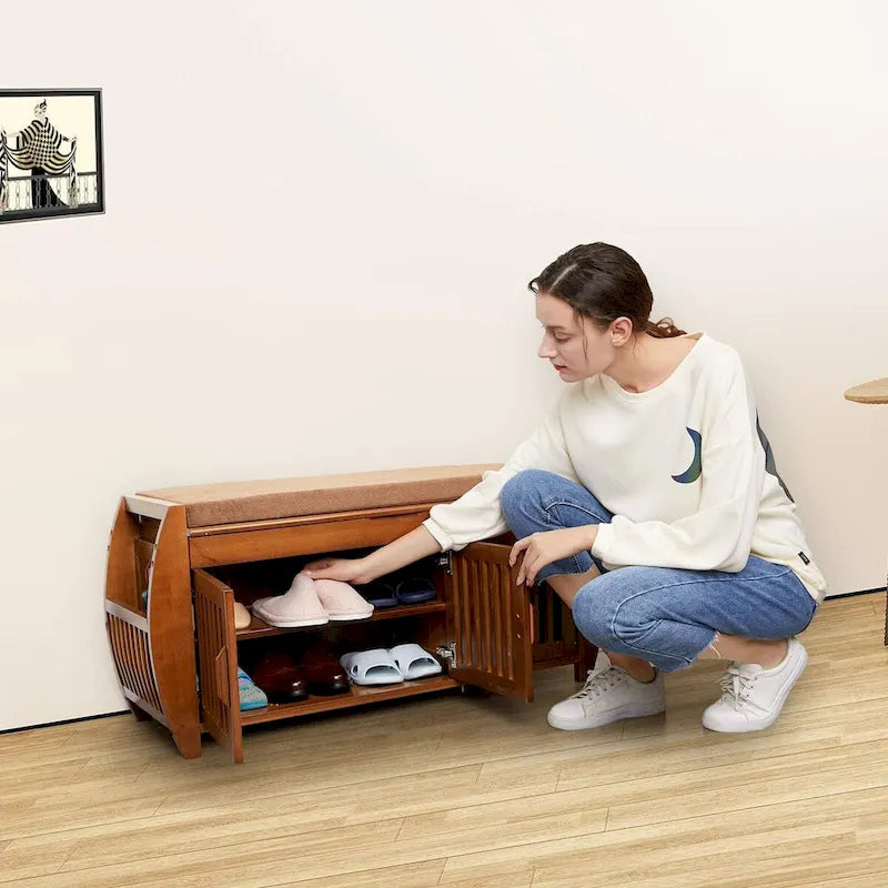 Panca portascarpe in bambù con spazio contenitore e cuscino imbottito, per ingresso, soggiorno, camera da letto, marrone