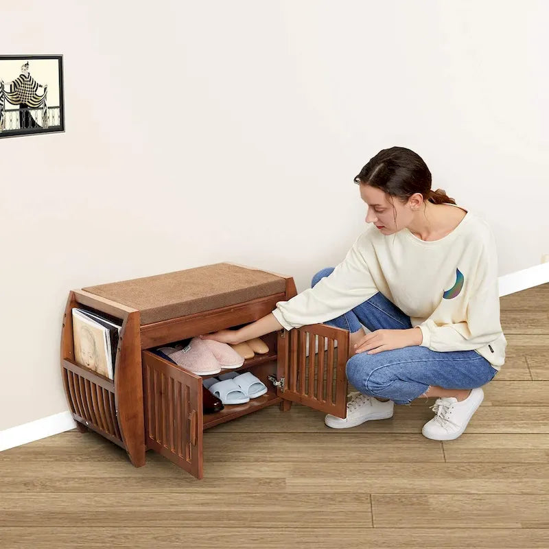 Panca portascarpe in bambù con spazio contenitore e cuscino imbottito, per ingresso, soggiorno, camera da letto, marrone
