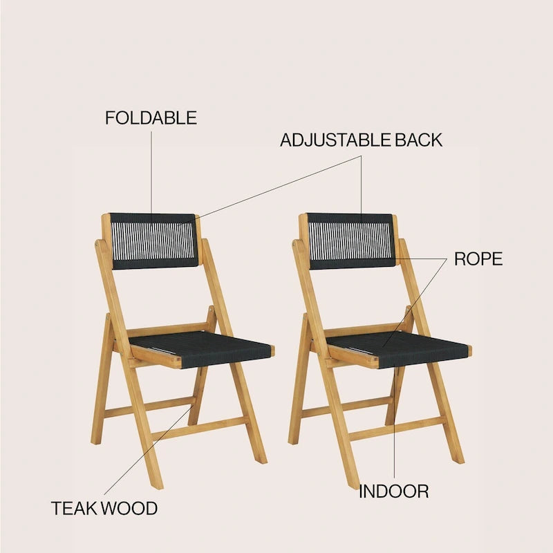 Zusammenklappbarer Holzstuhl mit Seilbespannung und verstellbarer Rückenlehne, Schwarz/Natur (2er-Set)