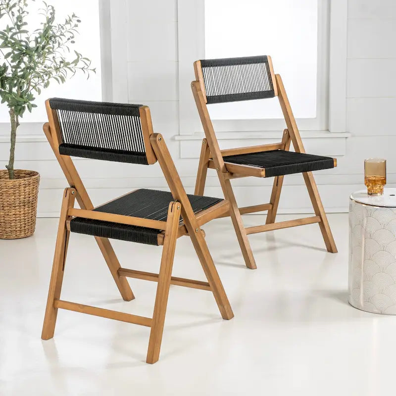 Zusammenklappbarer Holzstuhl mit Seilbespannung und verstellbarer Rückenlehne, Schwarz/Natur (2er-Set)