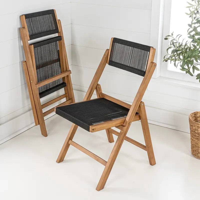 Wood Roped Folding Chair with Adjustable Back, Black/Natural (Set of 2)