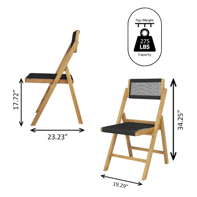 Zusammenklappbarer Holzstuhl mit Seilbespannung und verstellbarer Rückenlehne, Schwarz/Natur (2er-Set)