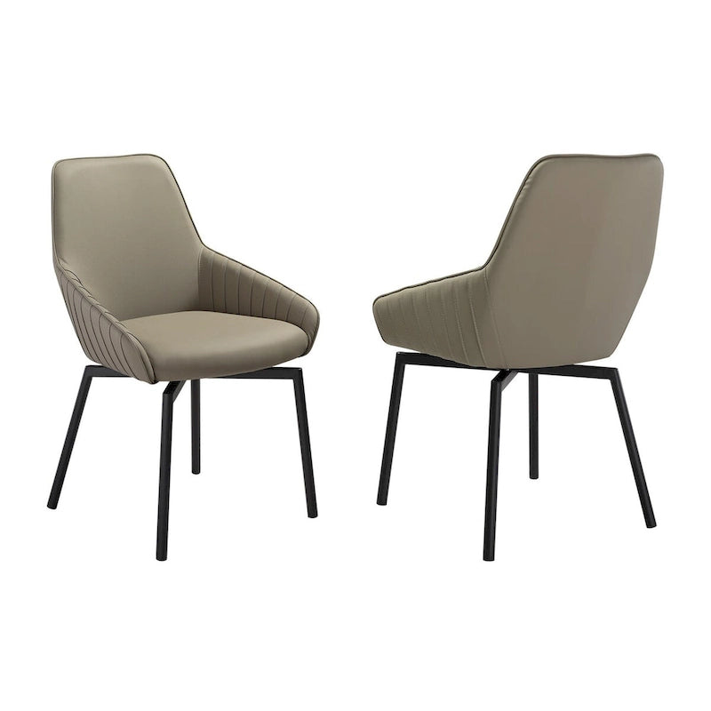 23 Inch Swivel Dining Chair of 2, Curved, Gray Faux Leather, Black